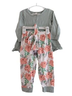 Kids Floral Set‎ | Green Long Sleeve Shirt & Floral Pants with Bow